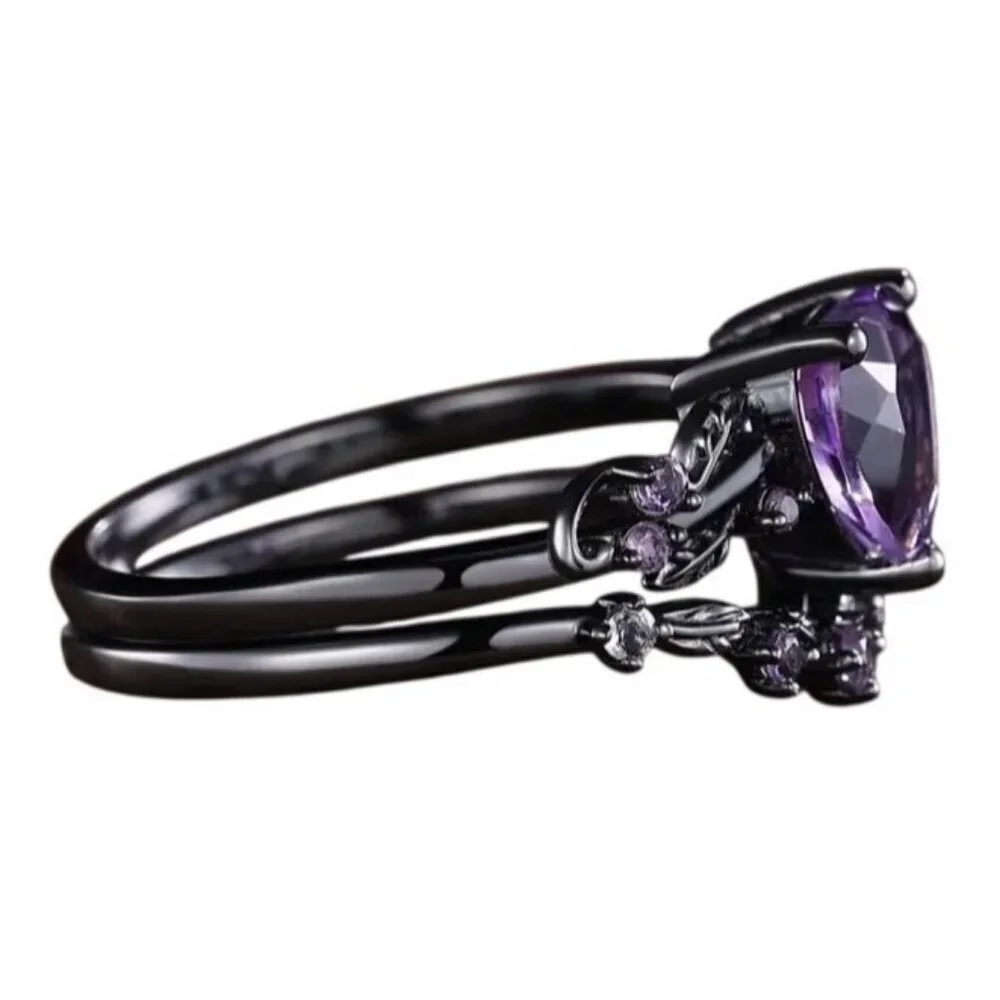 Heart Cut Amethyst & Moissanite 2 piece engagement wedding ring set in rhodium
